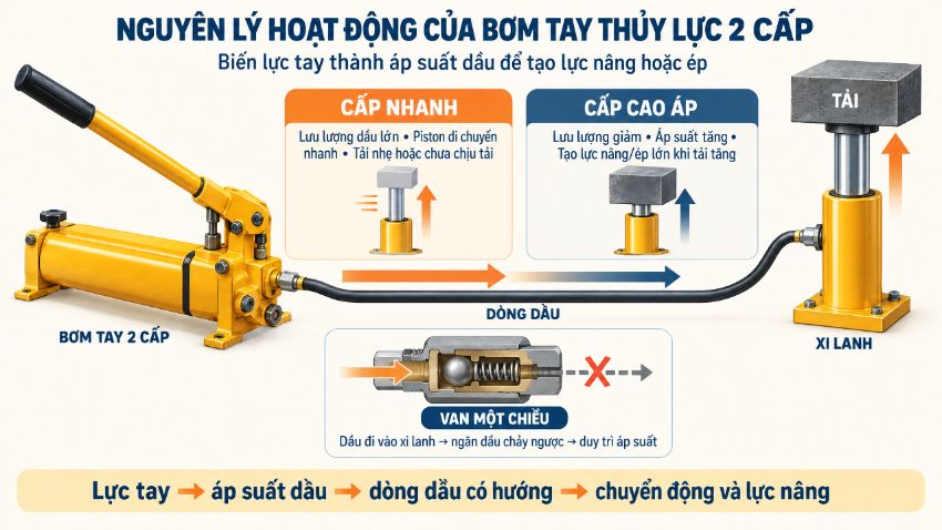 Nguyên lý hoạt động của bơm tay thủy lực 2 cấp