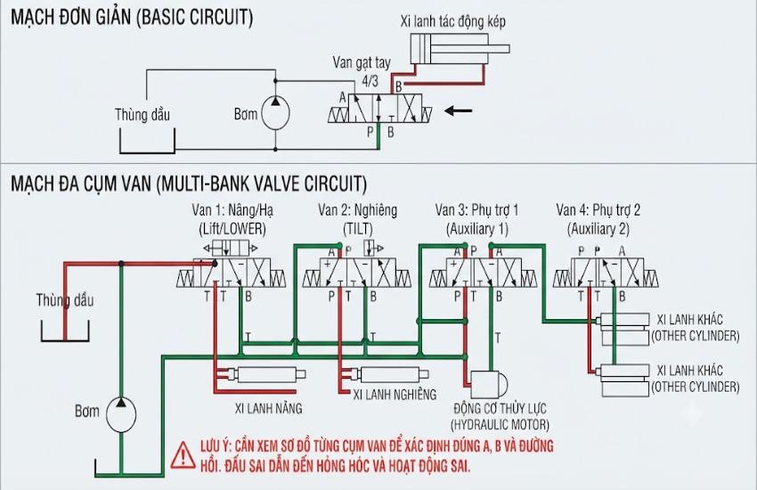 Sơ đồ đấu van gạt tay thủy lực cơ bản