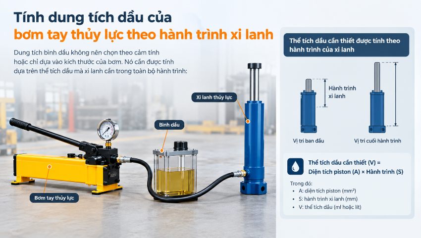 Tính dung tích dầu của bơm tay thủy lực theo hành trình xi lanh