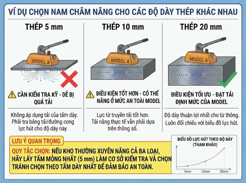 Ví dụ chọn nam châm cho thép 5 mm, 10 mm và 20 mm