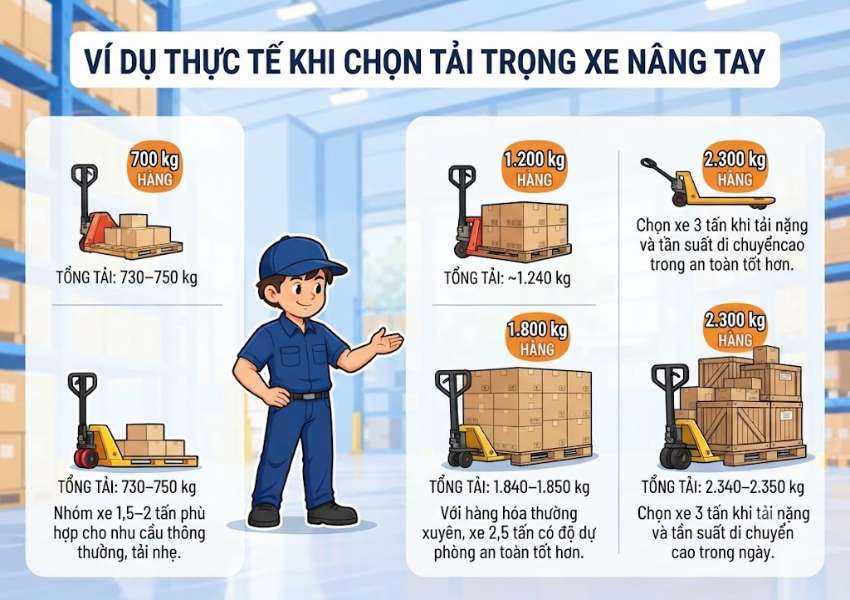 Ví dụ thực tế khi chọn tải trọng xe nâng tay