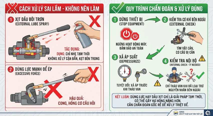 Có nên xịt dầu hoặc dùng lực mạnh để xử lý tay van