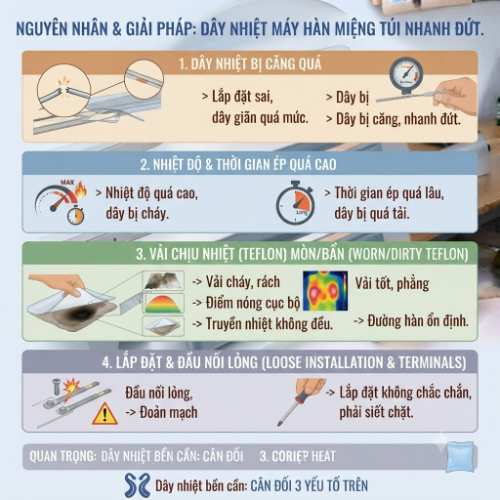 Dây nhiệt máy hàn miệng túi nhanh đứt?