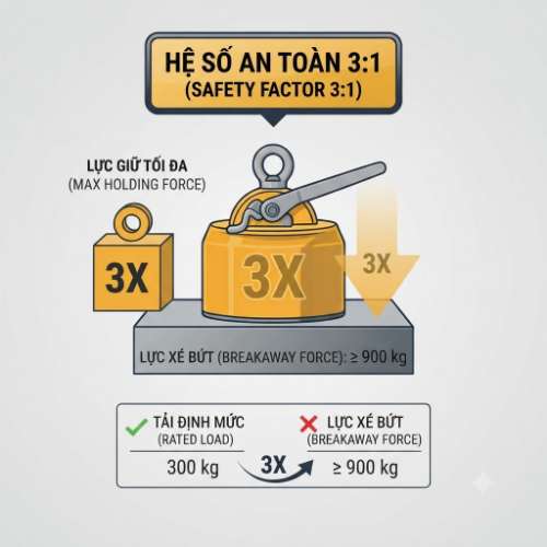 Hệ số 3:1 trên nam châm nâng tay gạt