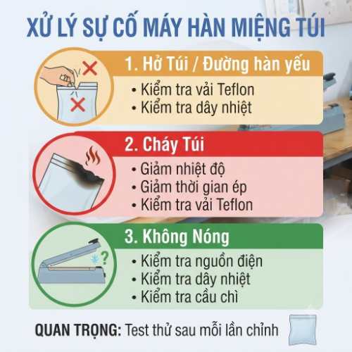 Máy hàn miệng túi bị hở, cháy túi, không nóng?
